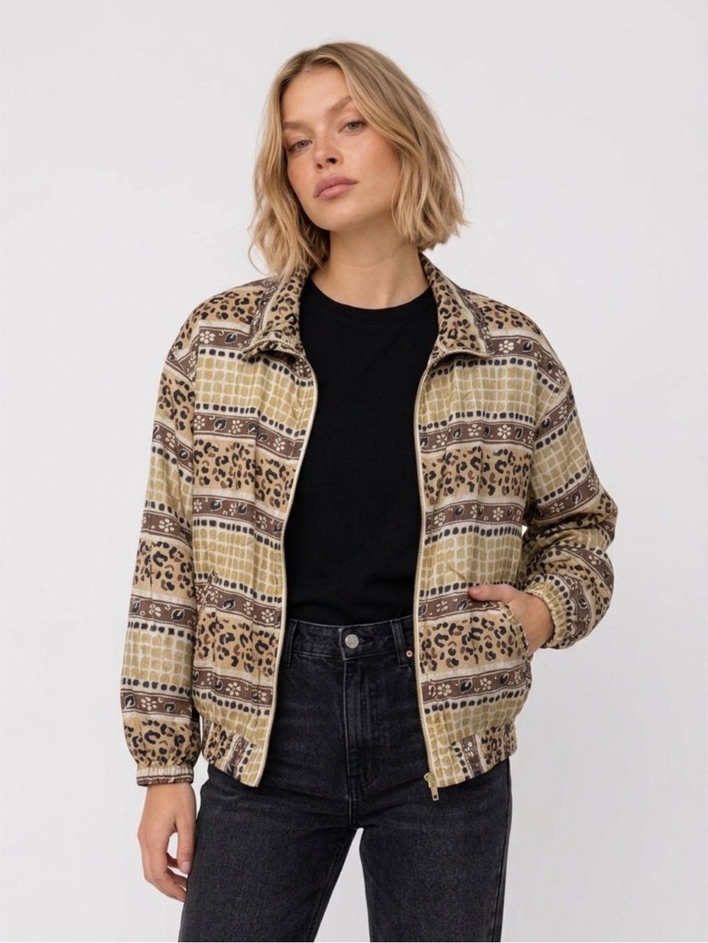 EVR Vintage 100% Silk Leopard and Geometric Print Bomber
Jacket